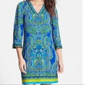 Laundry by Shelli Segal | Blue Green Paisley Lined V Neck Shift Dress Size Large